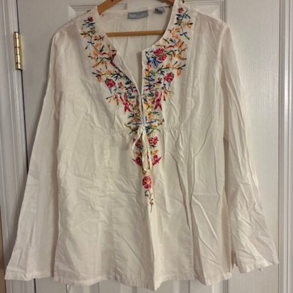 Valerie Stevens Women's 100% Cotton White Embroidered Peasant Boho Top Shirt XL - Picture 1 of 8